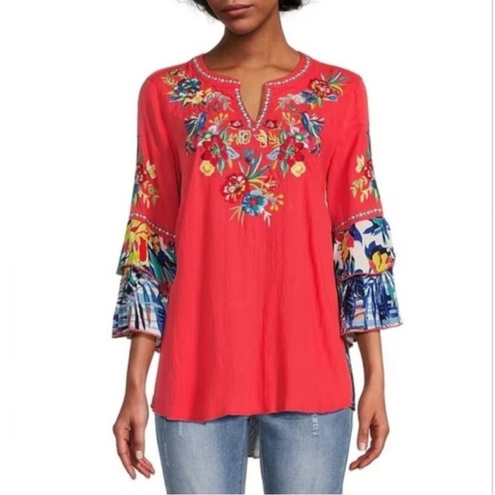 John Mark Woven Tropical Floral Embroidered 3/4 Sleeve Blouse
